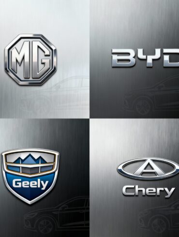 logotypy chińskich samochodów (MG, BYD, Geely, Chery)