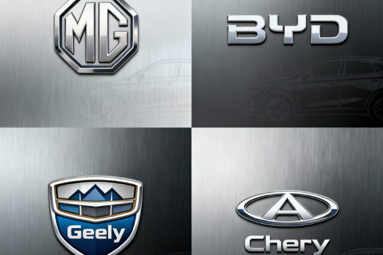 logotypy chińskich samochodów (MG, BYD, Geely, Chery)
